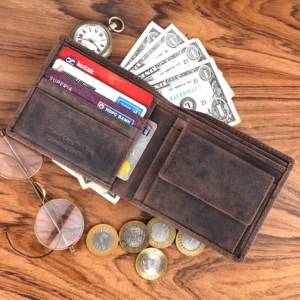 Crazy Horse Leather Wallet for Men – RFID Safe Vintage Bifold Wallet with Coin Pocket - EG-MLW-786-CW-FG-CHL-YS-BROWN 1