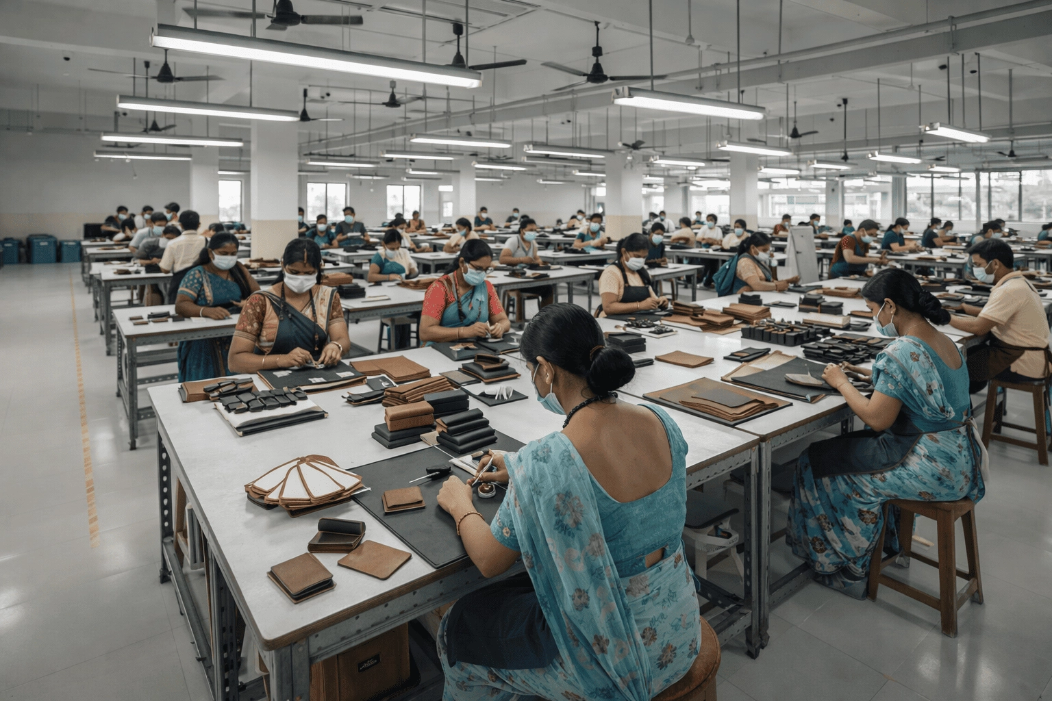 Leather wallet quality inspection in manufacturing facility Leather wallet quality inspection in manufacturing facility