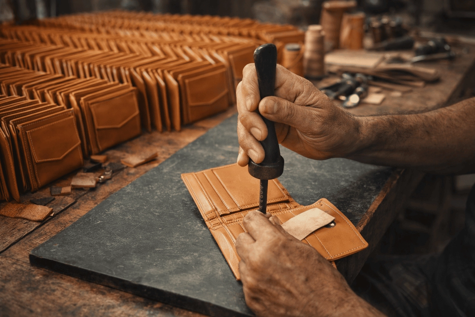 Leather wallet manufacturing process by skilled artisan in Indian workshop Leather wallet manufacturing process by skilled artisan in Indian workshop