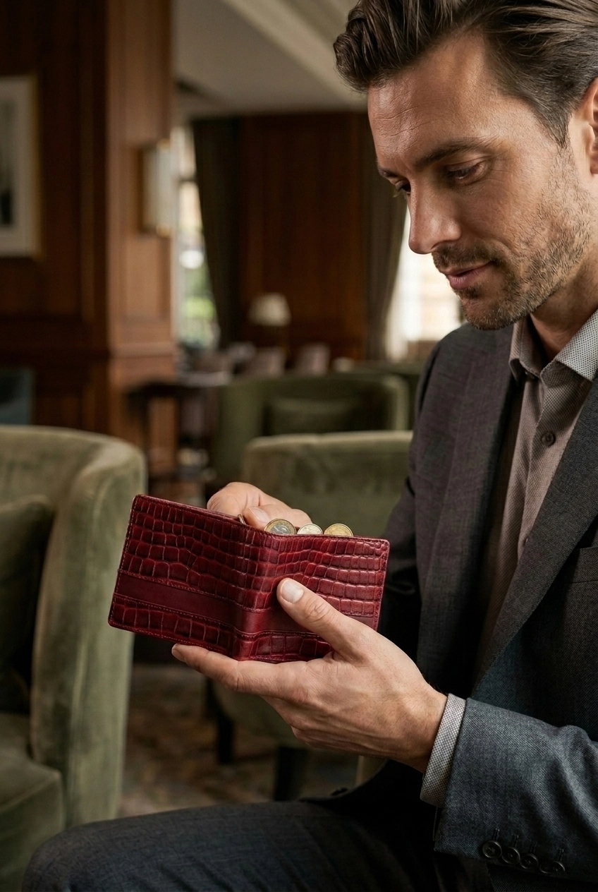 High-quality red crocodile coin wallet in hand, compact leather coin wallet for brands, global coin wallet manufacturer lifestyle product image m