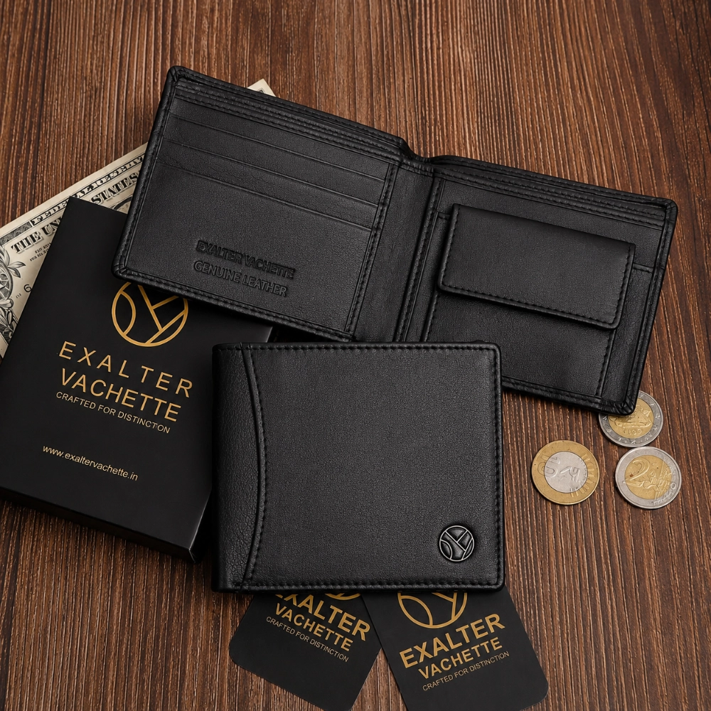 Genuine Leather RFID Safe Wallet for Men with Coin Pouch