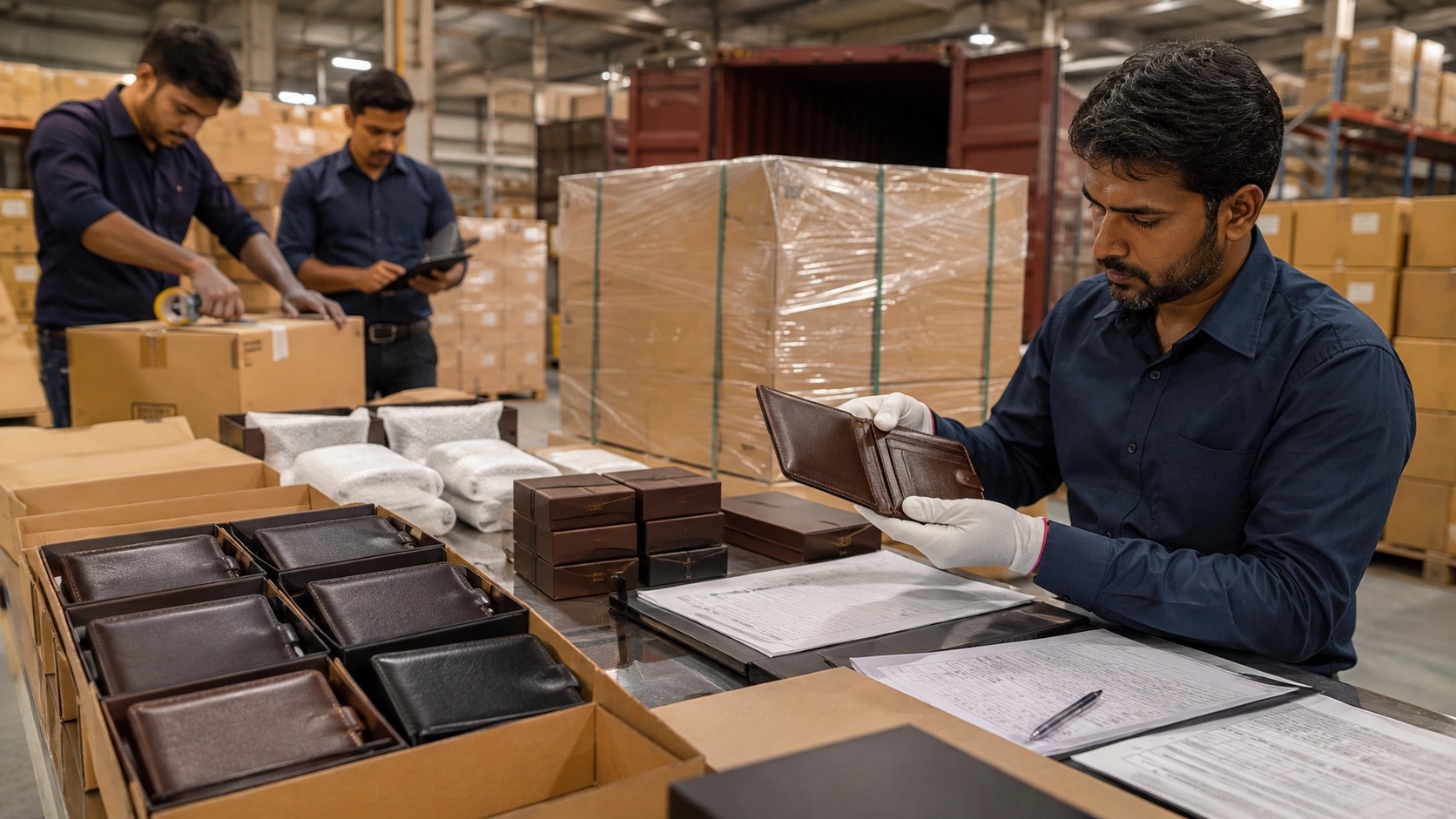 Export ready leather wallets packed for international shipment from India Export ready leather wallets packed for international shipment from India