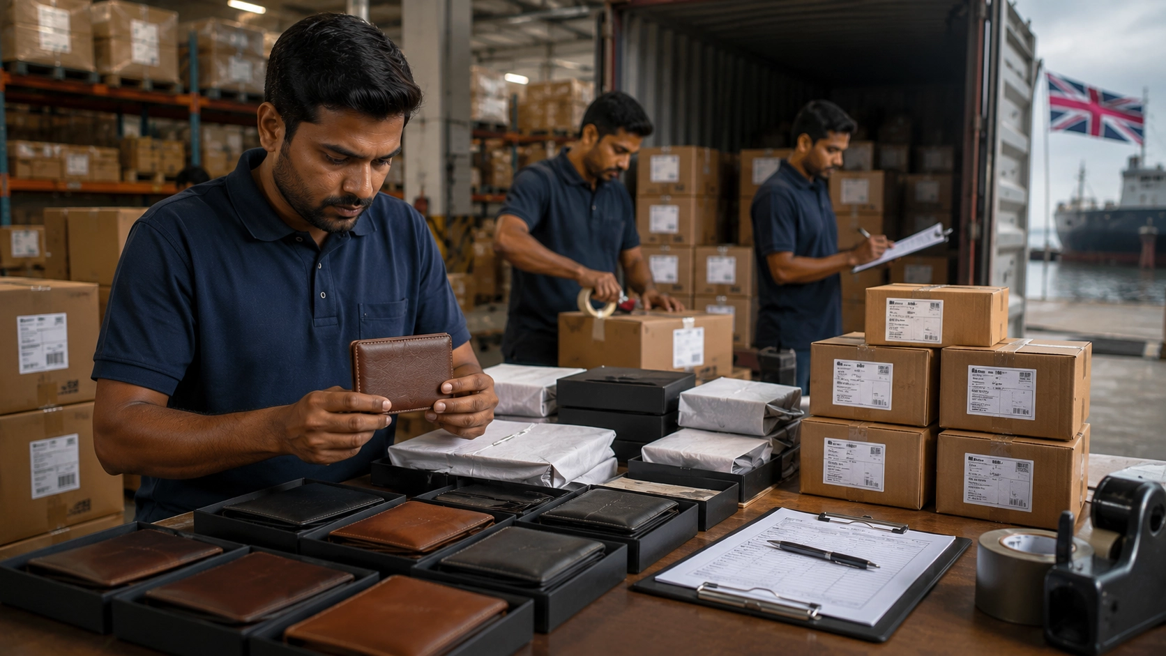 Export-ready leather wallets prepared for shipment from India to UK Export-ready leather wallets prepared for shipment from India to UK
