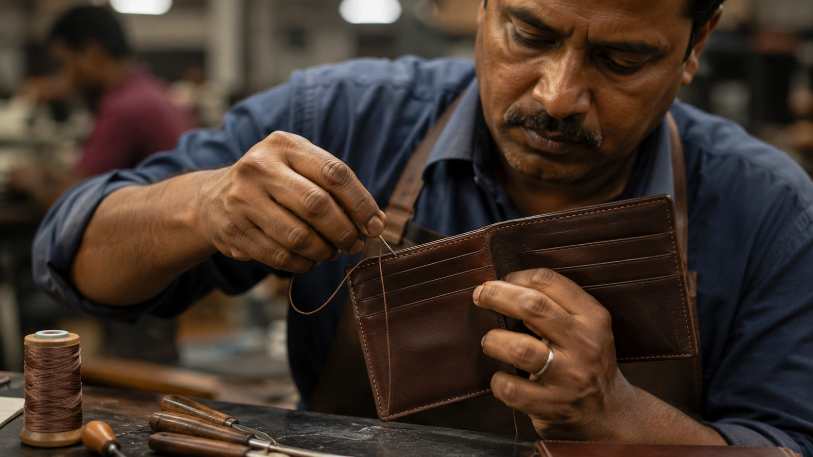Indian leather artisan crafting premium wallet for international export