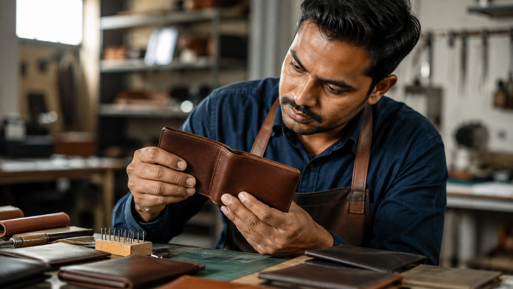 Indian leather artisan inspecting wallet leather quality and stitching Leather wallet manufacturing process in an Indian production facility