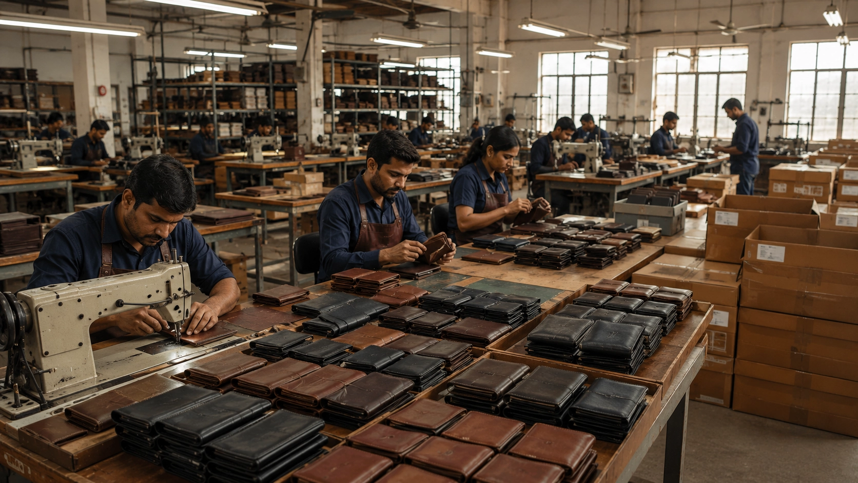 Indian leather wallet factory showing scalable bulk production and quality control Indian leather wallet factory showing scalable bulk production and quality control