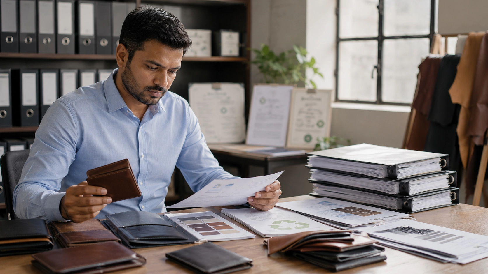 Leather wallet exporter reviewing compliance and certification documents for UK buyers Leather wallet exporter reviewing compliance and certification documents for UK buyers