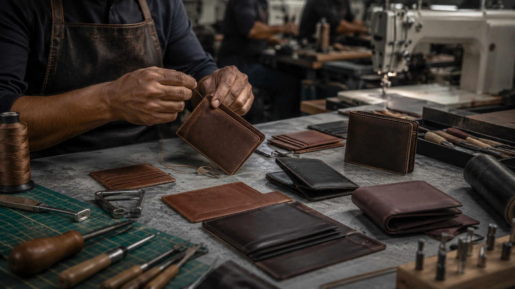 Leather wallet manufacturing process in an Indian production facility