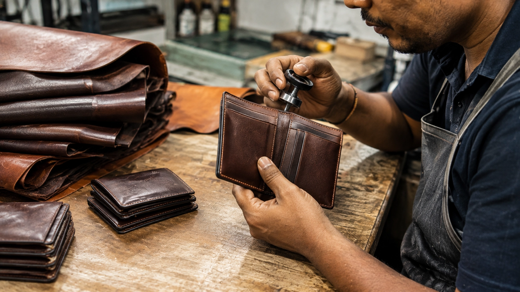 Leather wallet quality inspection at an Indian leather goods manufacturing facility Leather wallet quality inspection at an Indian leather goods manufacturing facility