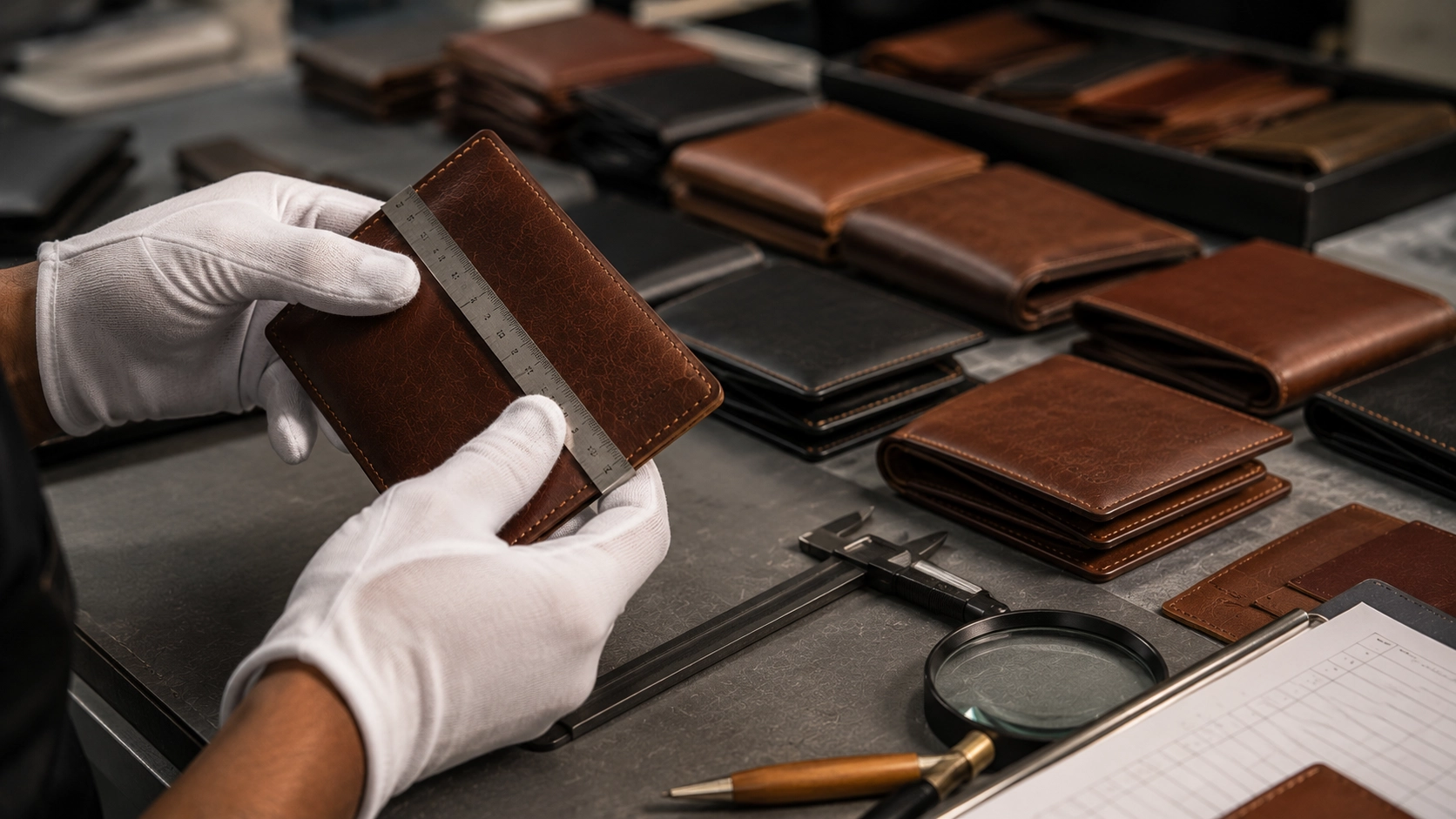 Quality control inspection of premium leather wallets before export