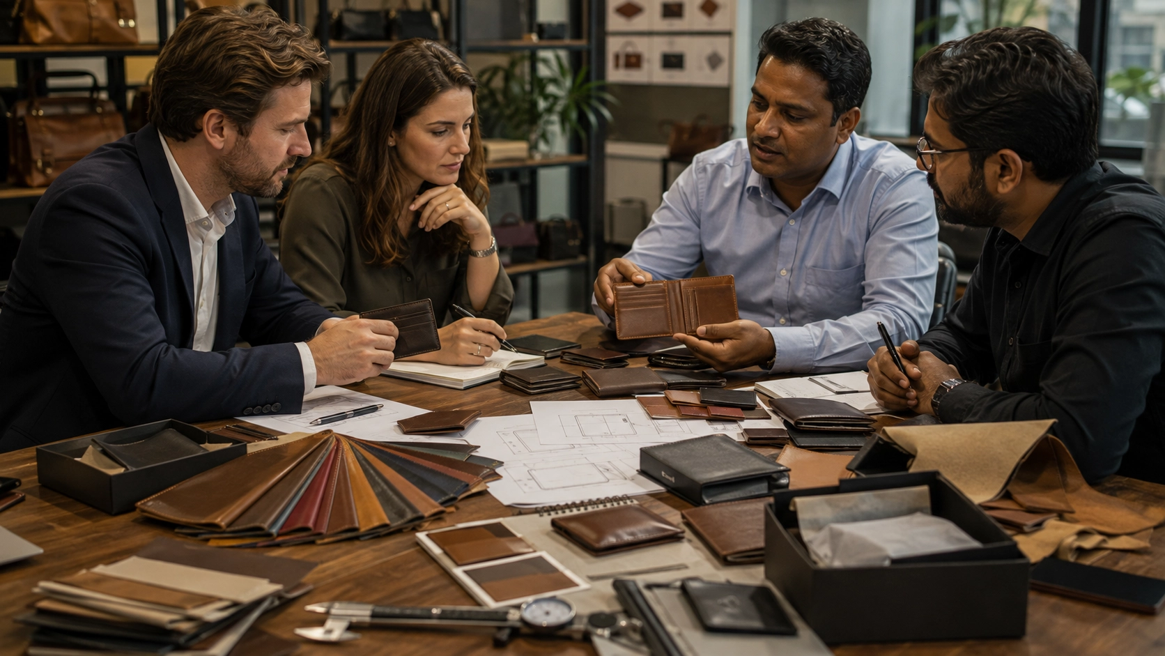 UK brand reviewing leather wallet samples with Indian manufacturer