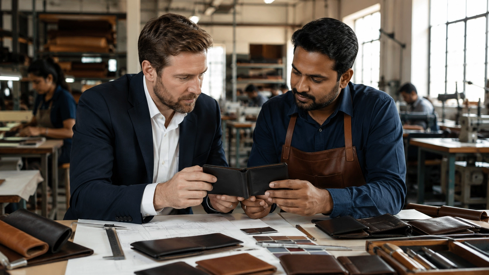UK buyer reviewing premium leather wallet with Indian manufacturer for export sourcing UK buyer reviewing premium leather wallet with Indian manufacturer for export sourcing