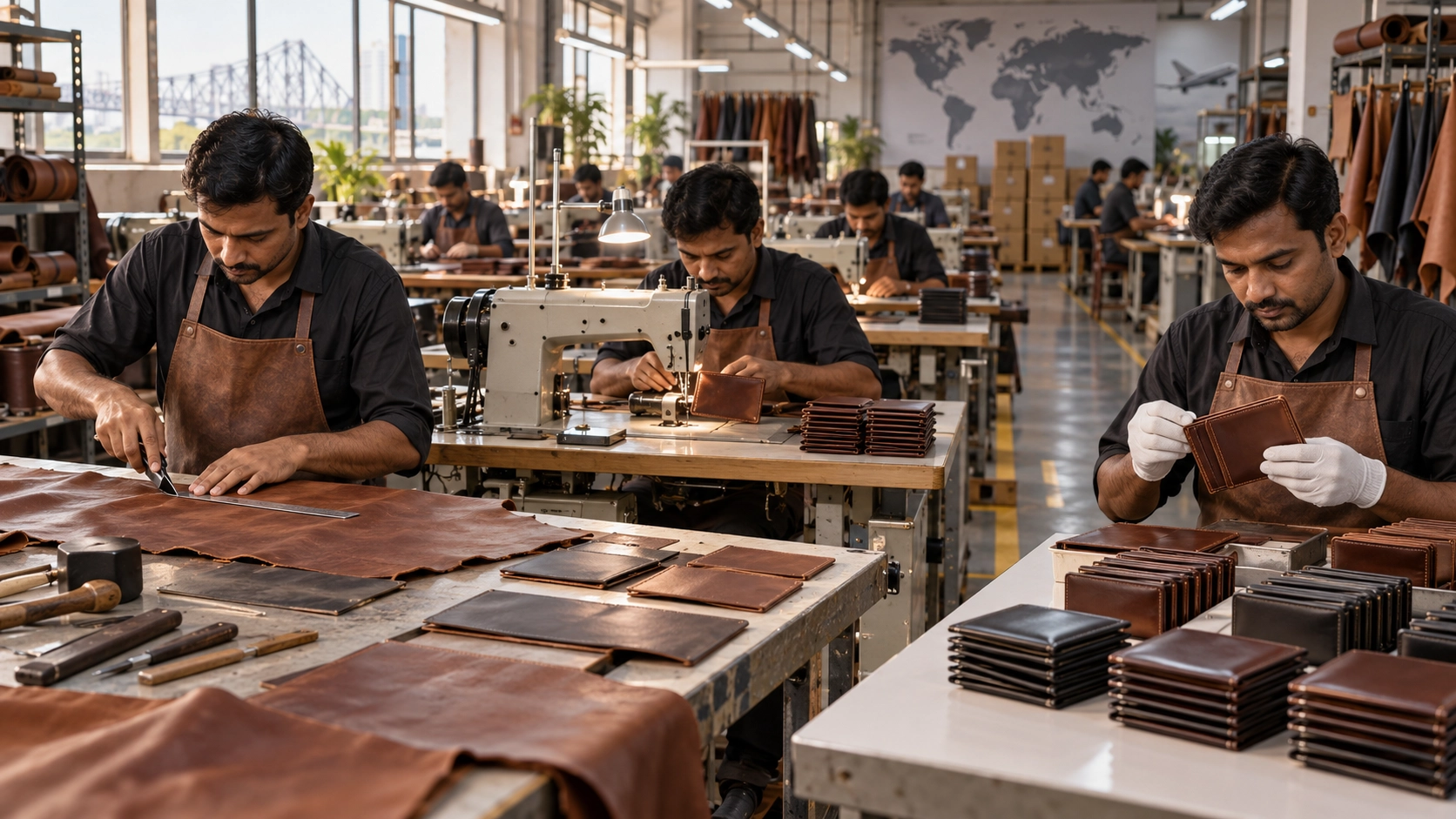Indian leather wallet manufacturing facility with artisans producing export-quality wallets