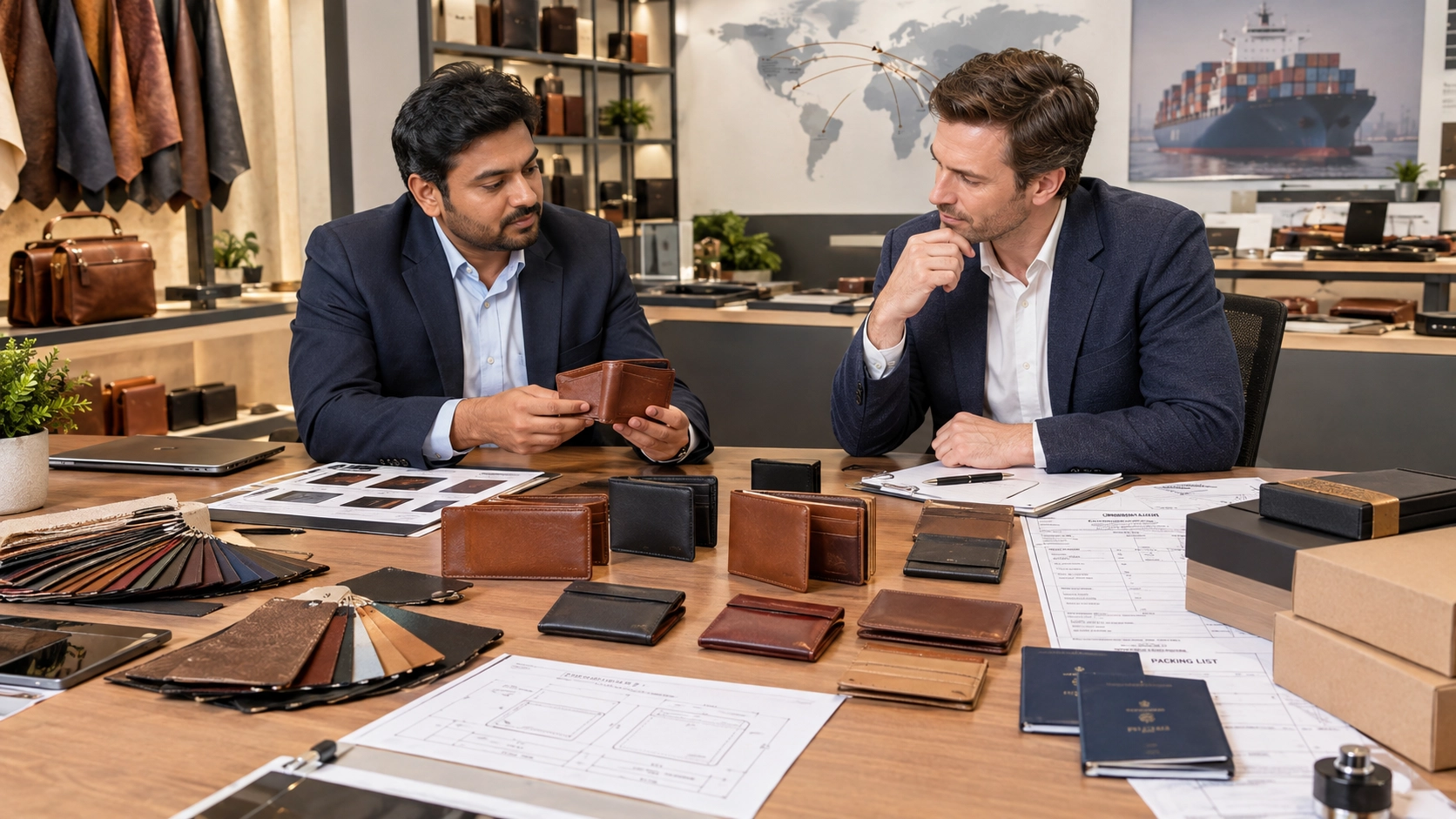 US buyer reviewing leather wallet samples with Indian exporter during a sourcing meeting