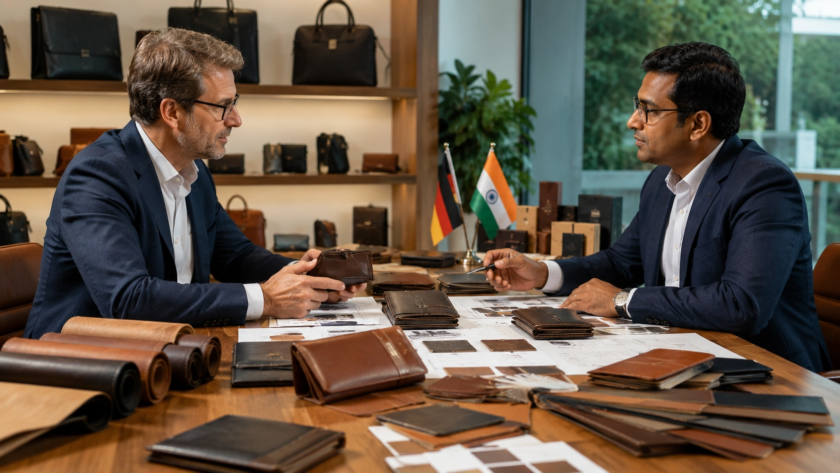 German buyer reviewing leather wallet samples with Indian exporter