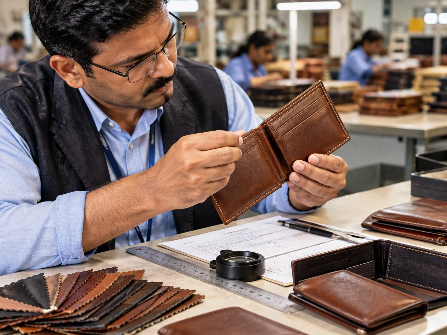 Quality inspector checking stitching and leather finish on an export leather wallet Quality inspector checking stitching and leather finish on an export leather wallet