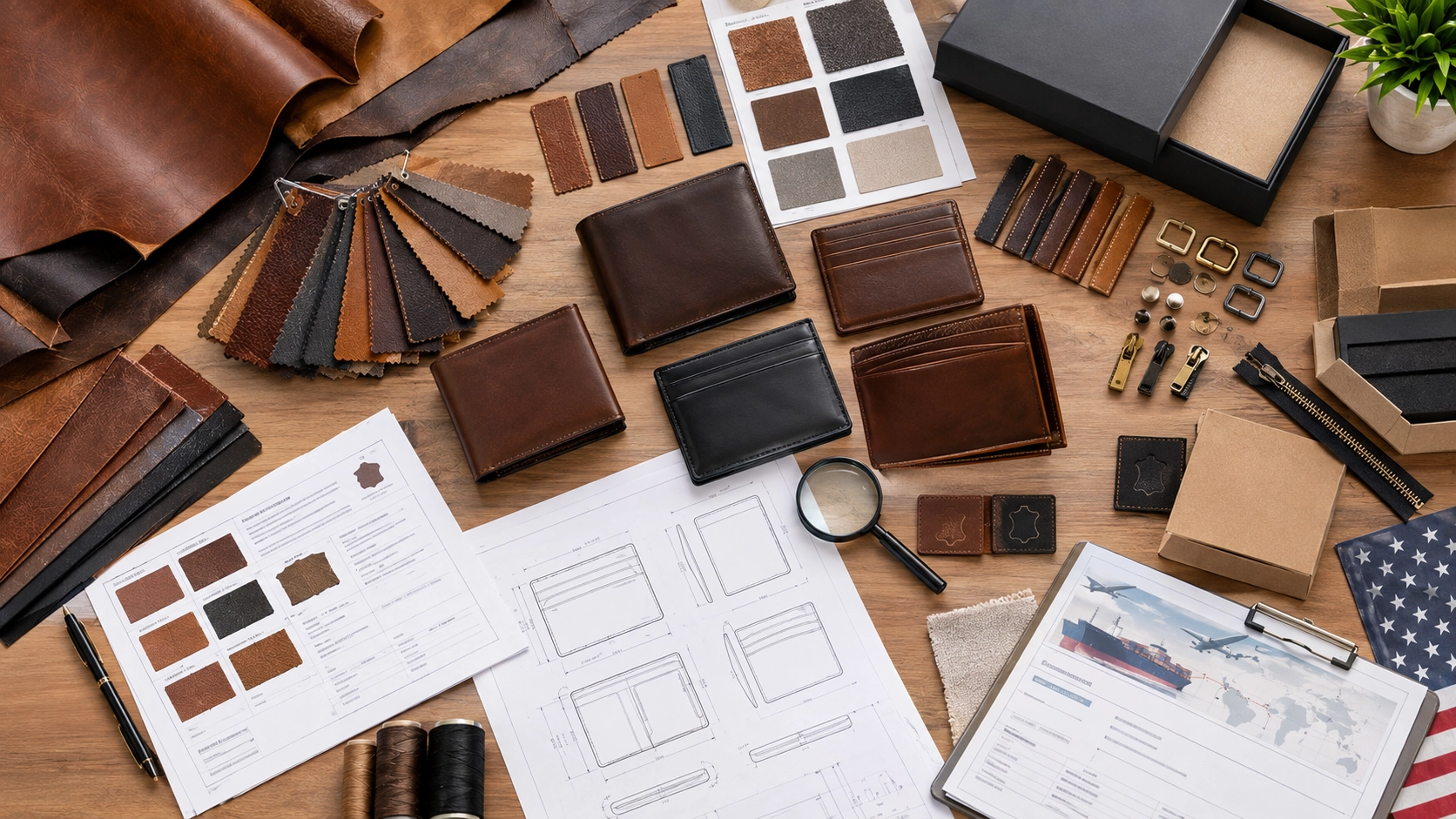 Leather swatches wallet prototypes and packaging samples for private label development Leather swatches wallet prototypes and packaging samples for private label development