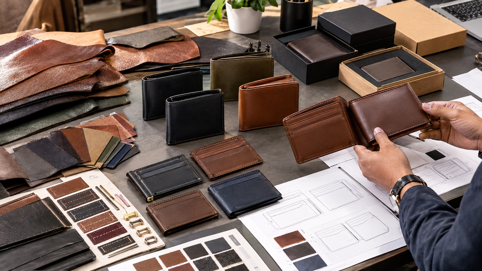 Private-label leather wallet samples and material specifications