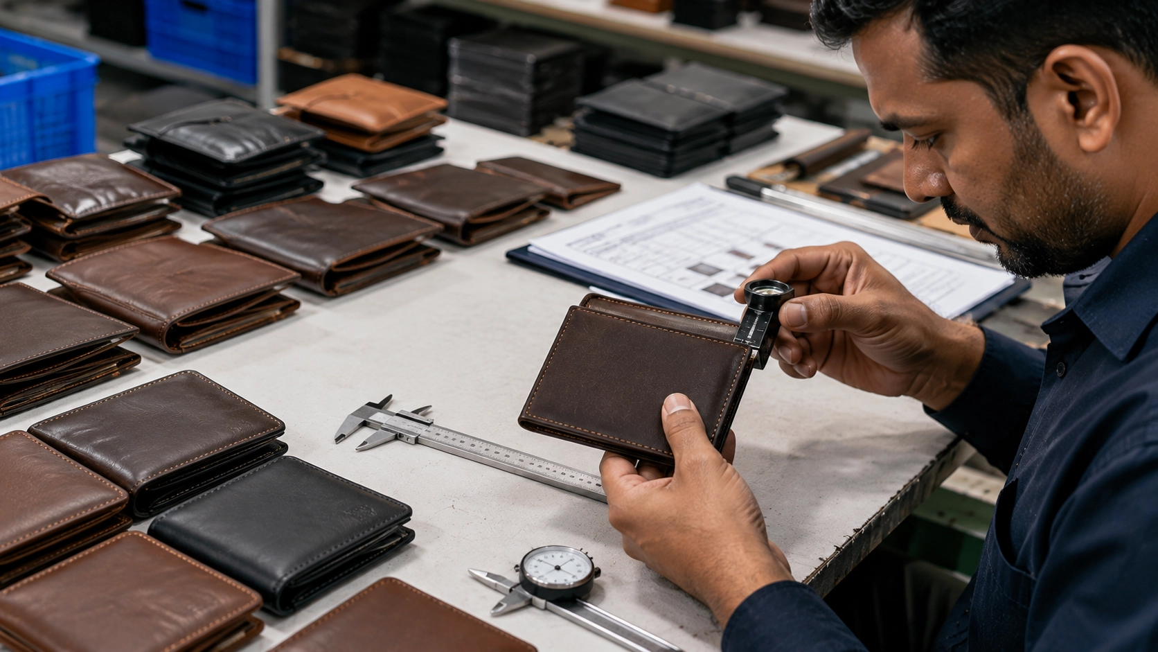 Quality inspection of leather wallets before export from India