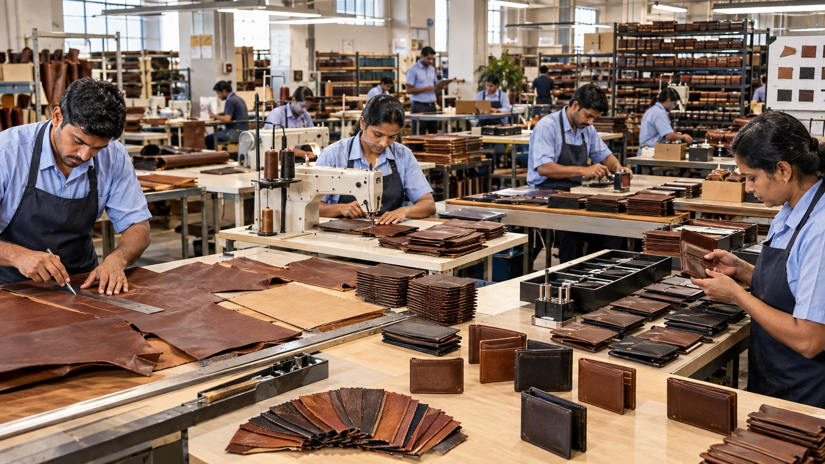 Indian leather wallet manufacturing facility combining artisan craftsmanship and modern production Indian leather wallet manufacturing facility combining artisan craftsmanship and modern production