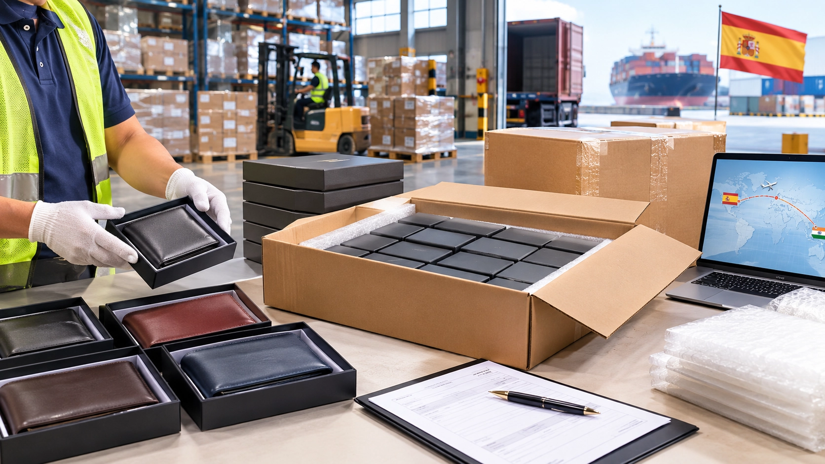 Leather wallet export packaging and logistics from India to Spain