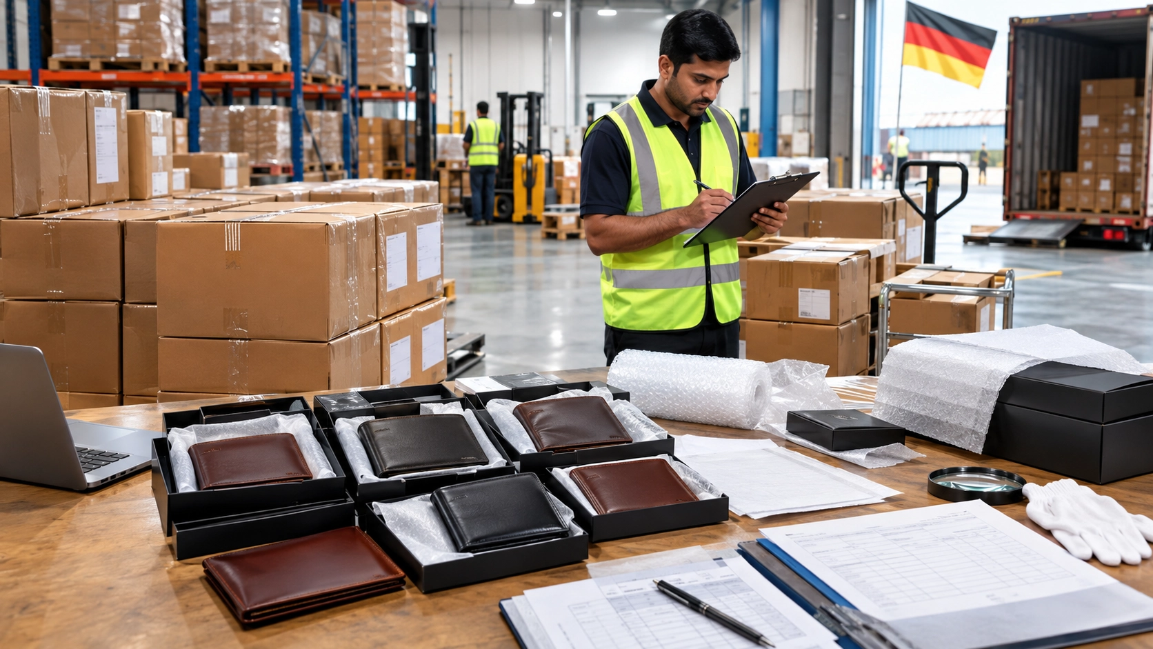 Leather wallets packed for export from India to Germany