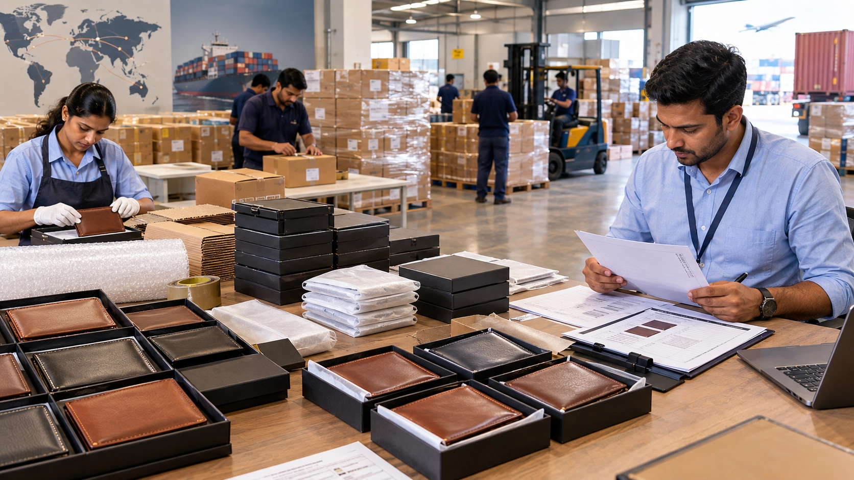Export-ready leather wallets being packed and prepared for international shipment Export-ready leather wallets being packed and prepared for international shipment