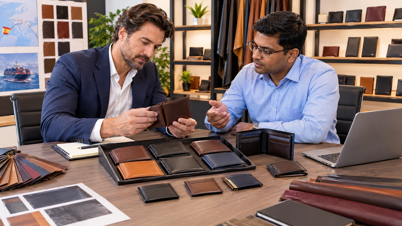 Spanish buyer evaluating Indian leather wallet samples