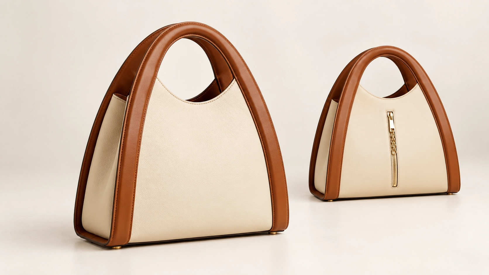 Ivory and brown leather handbag design for custom handbag manufacturing by Exalter Global Co.