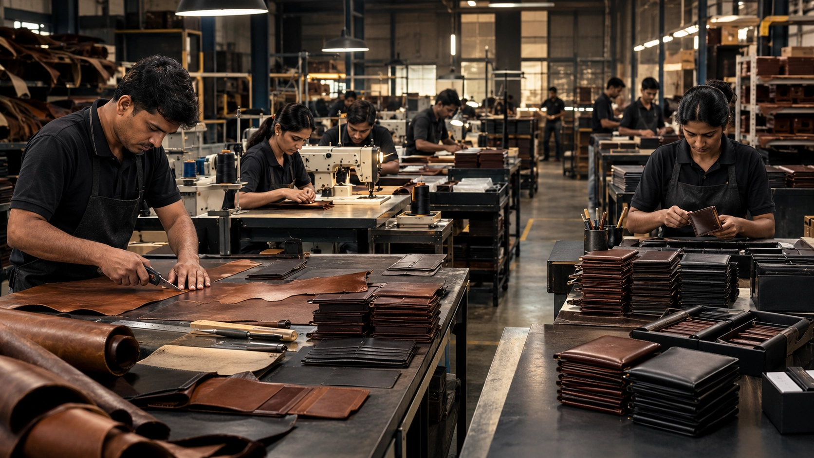 Leather wallet manufacturing and export preparation at an Indian leather goods facility.