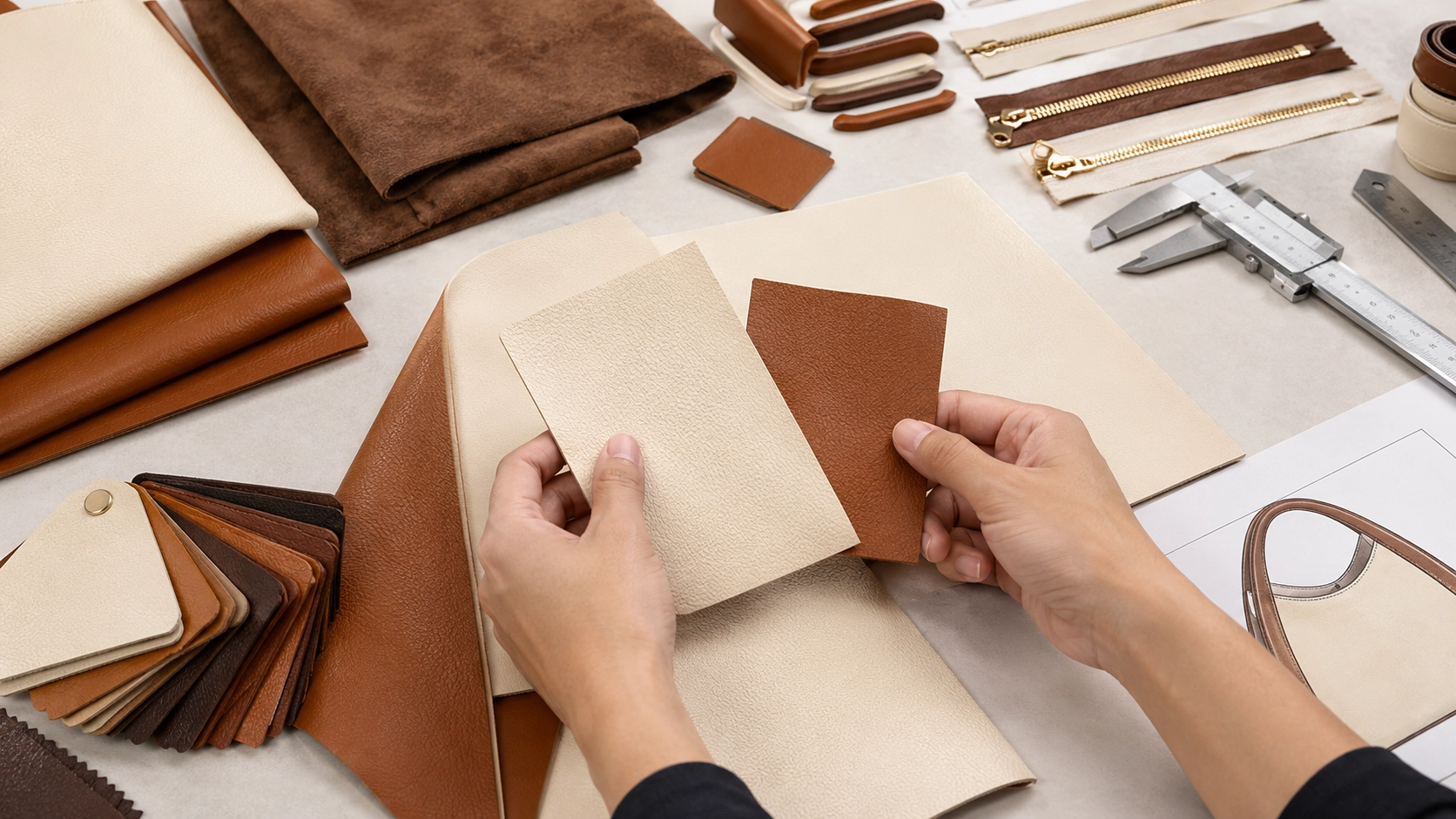 Ivory and chestnut brown leather swatches with suede lining for custom ladies handbag manufacturing.