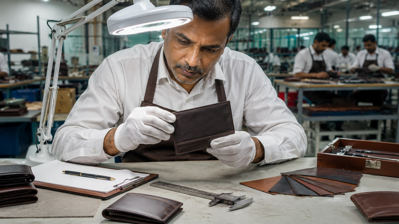 Quality inspection of genuine leather wallet before export from India