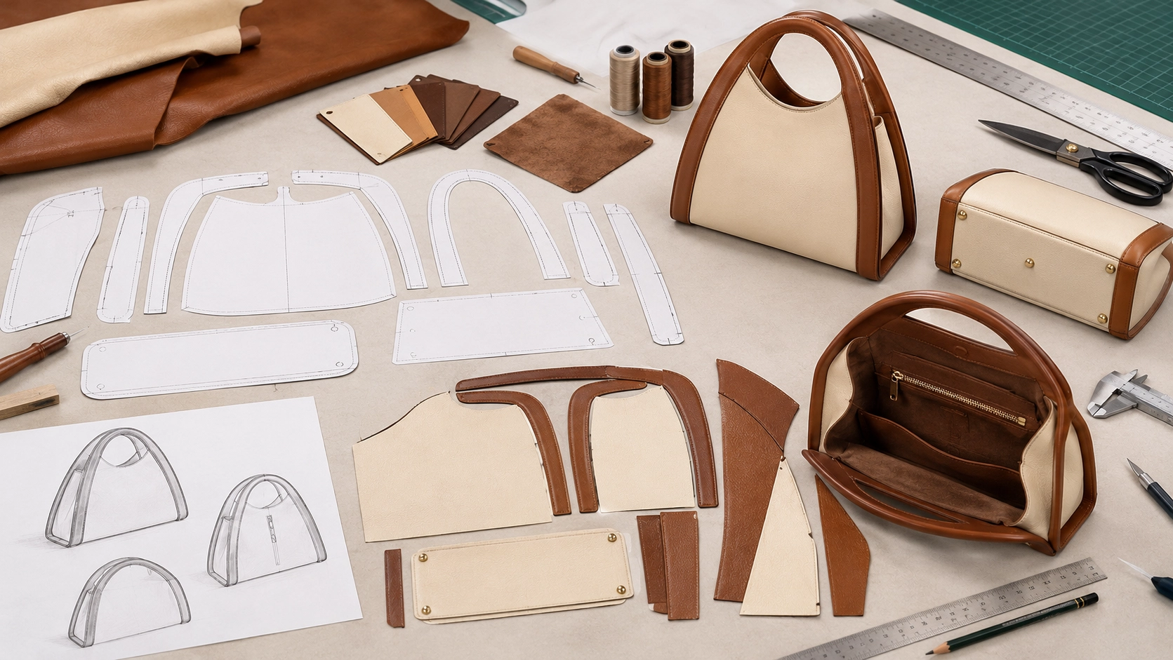 Custom ivory and brown leather handbag pattern making and prototype development process.