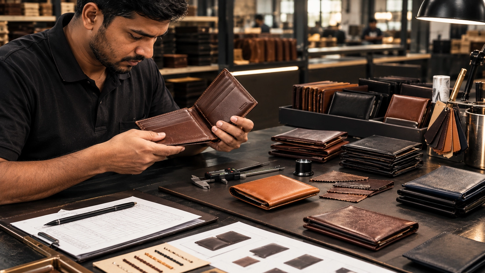 Quality inspection of leather wallets for stitching, dimensions, leather finish, and export standards.