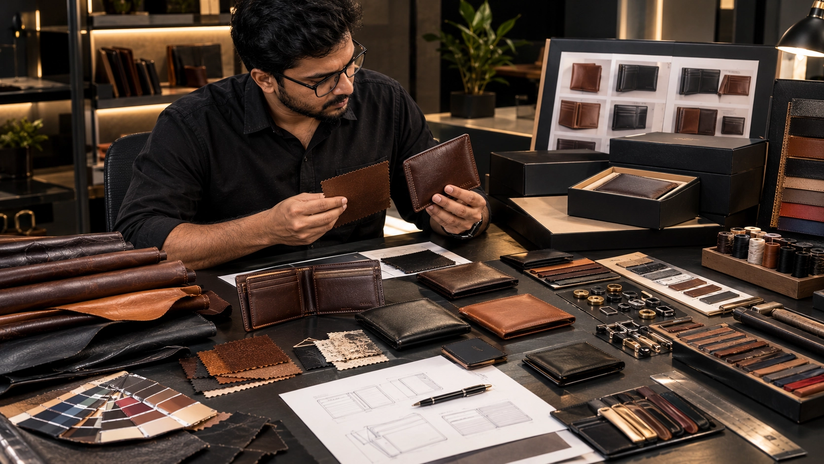 Custom leather wallet development with material samples, prototypes, and private-label finishing options.