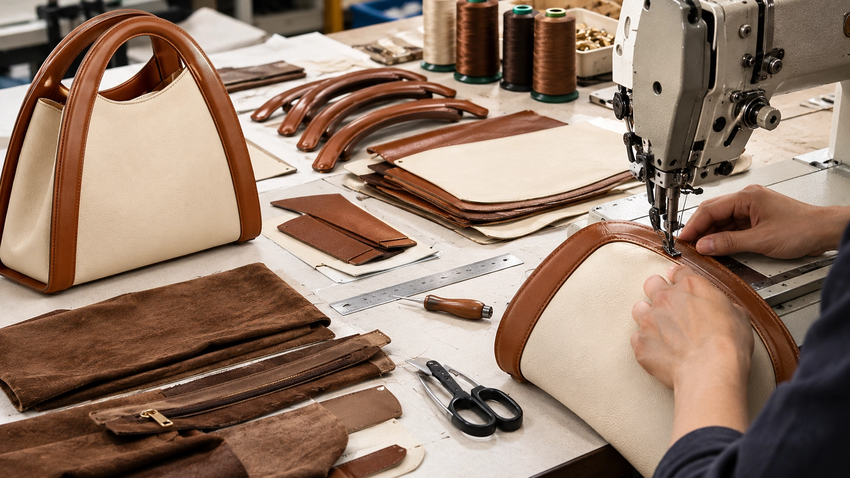 Leather cutting and stitching for custom ivory and brown leather handbag manufacturing.