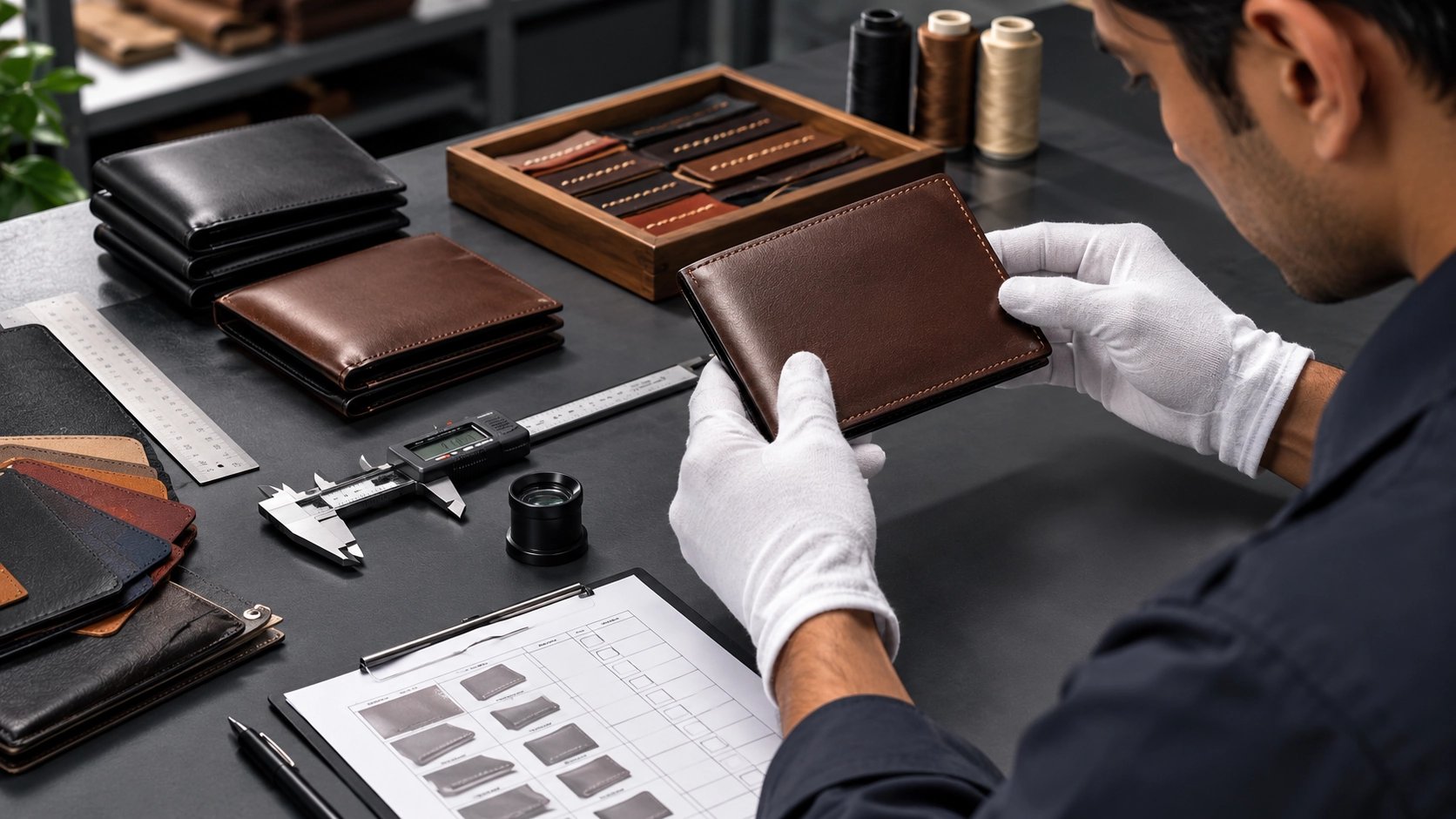 Leather wallet quality inspection for stitching, dimensions, materials, and export consistency. Leather wallet quality inspection for stitching, dimensions, materials, and export consistency.