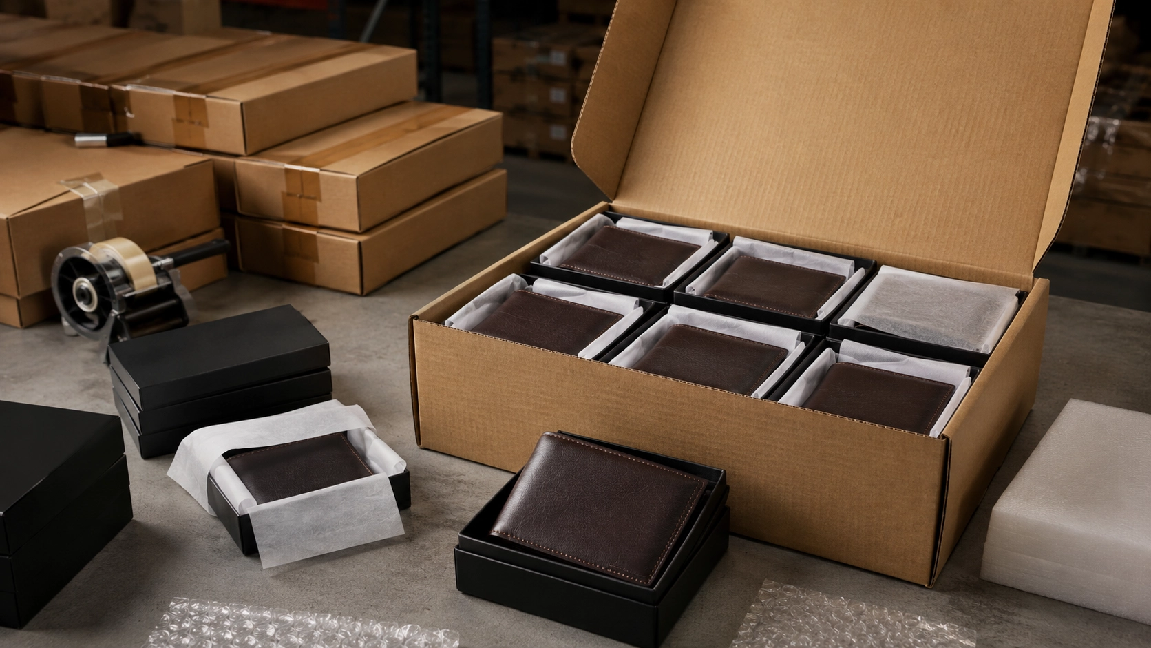 Premium leather wallets packed for export from India to the Netherlands