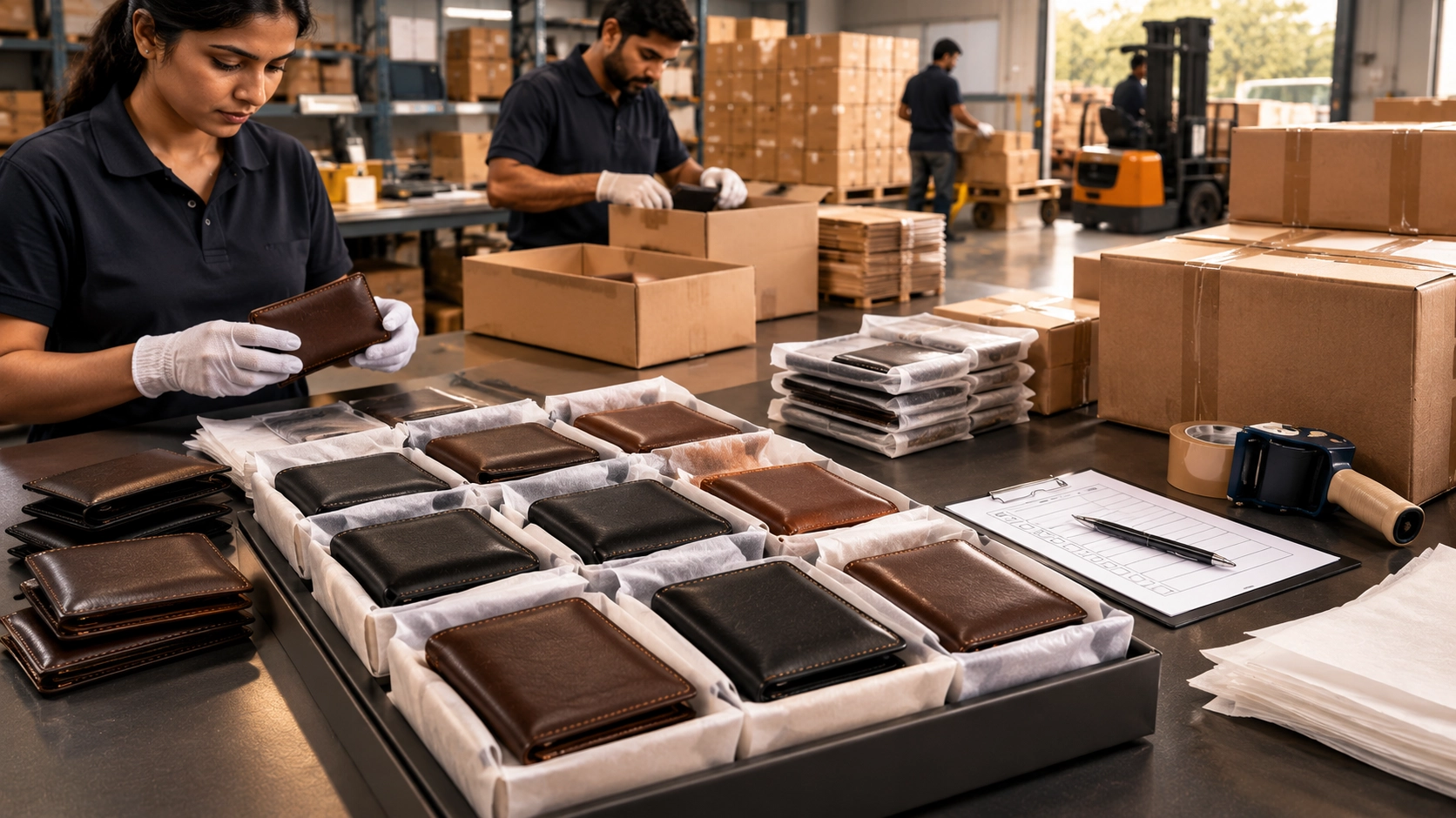Indian leather wallets packed for international export shipments to Belgium. Indian leather wallets packed for international export shipments to Belgium.