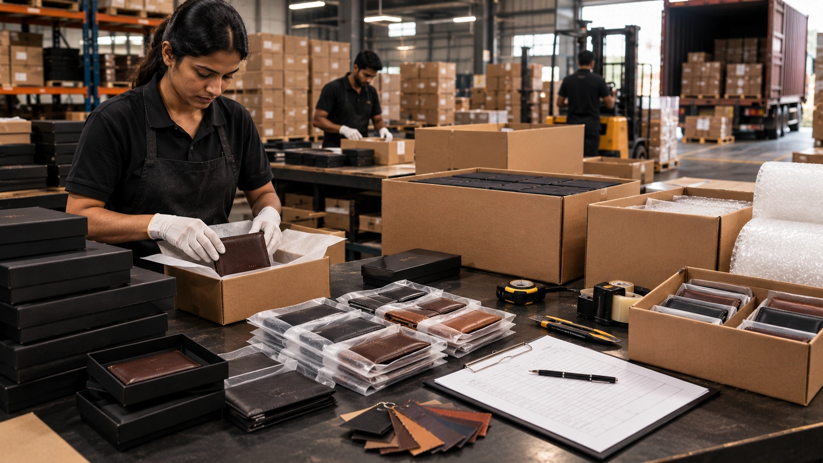 Leather wallets packed in export cartons for international wholesale shipping from India to Saudi Arabia.