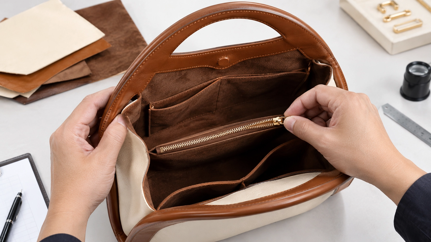 Suede-lined leather handbag with zipper compartment during custom handbag quality inspection.