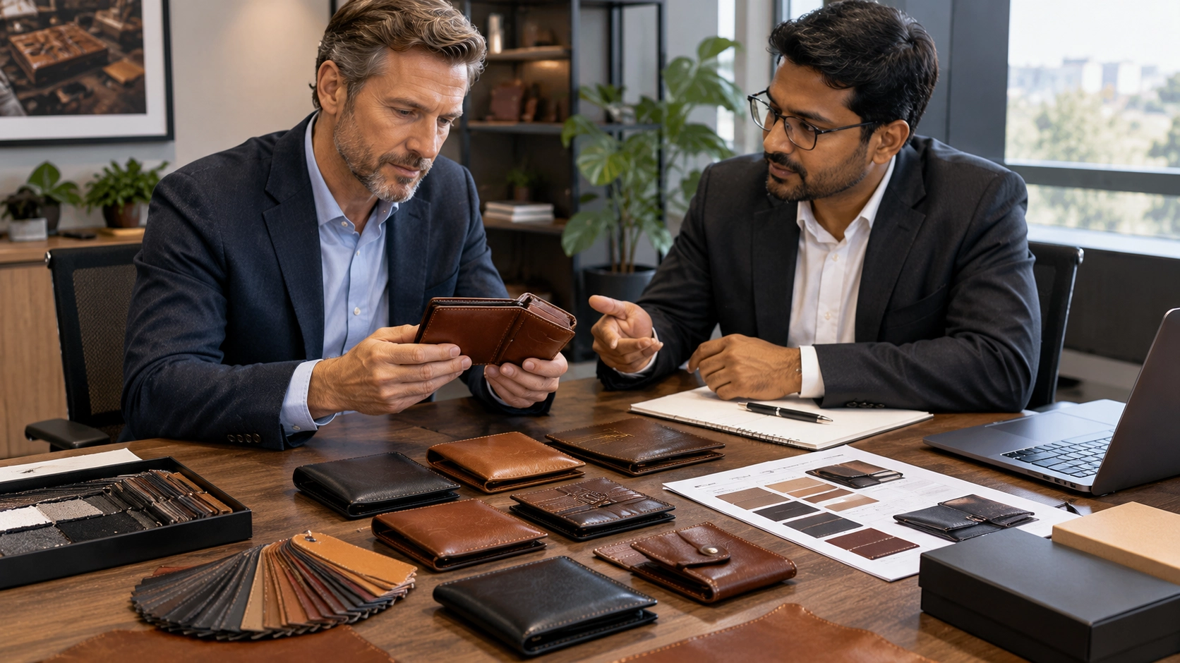 Belgian buyer evaluating leather wallet samples from an Indian leather goods manufacturer. Belgian buyer evaluating leather wallet samples from an Indian leather goods manufacturer.