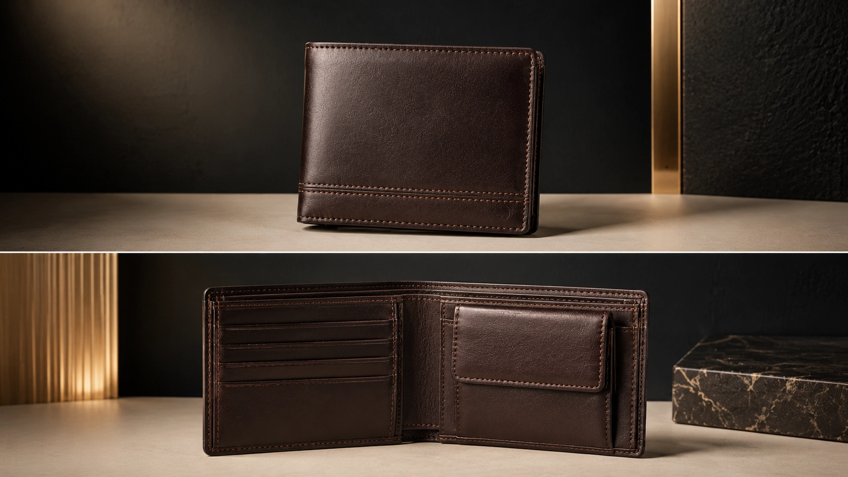 Brooklyn Bridge style genuine leather bifold wallet with RFID protection and coin pocket