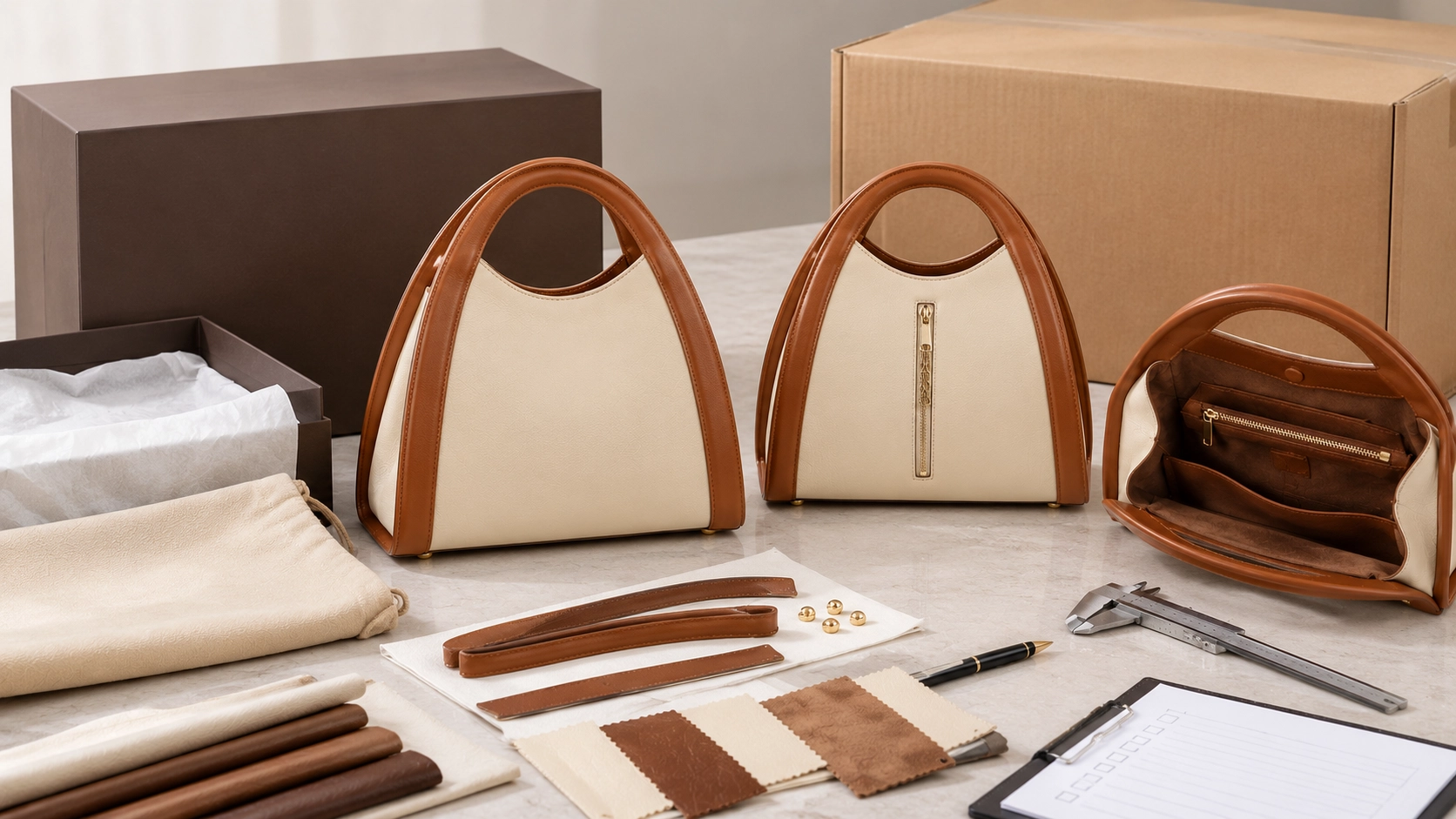Custom ivory and brown leather handbag with protective packaging for export to Germany.