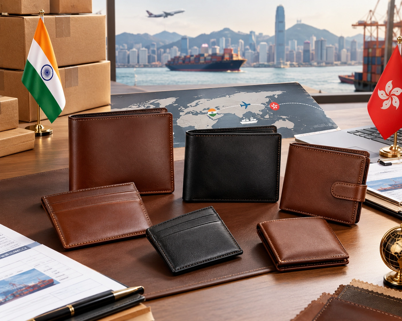 Premium leather wallets prepared for export from India to Hong Kong