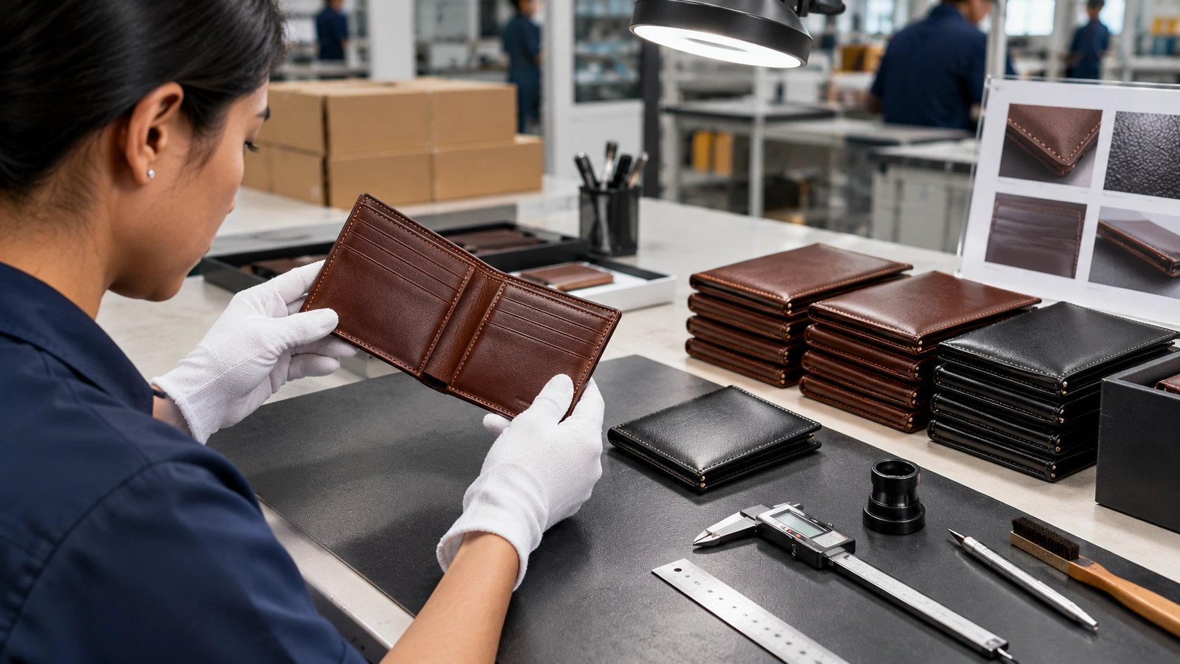 Leather wallet sample inspection and quality control before bulk production Leather wallet sample inspection and quality control before bulk production