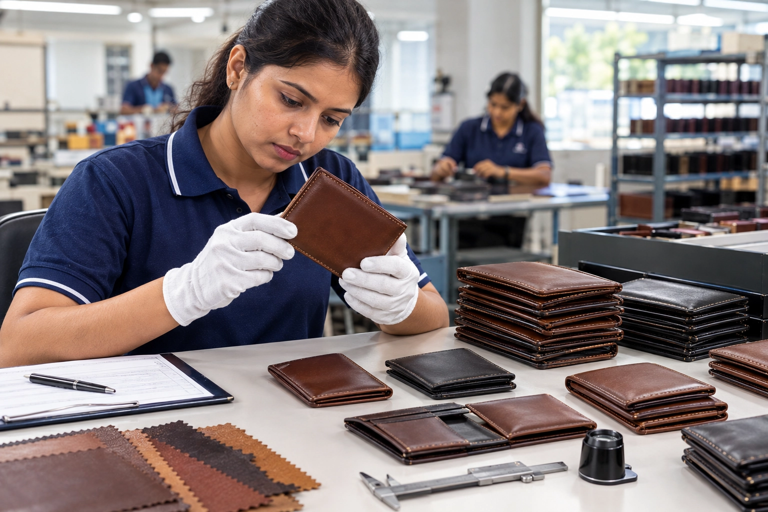 Quality inspection of leather wallets at an Indian manufacturing facility